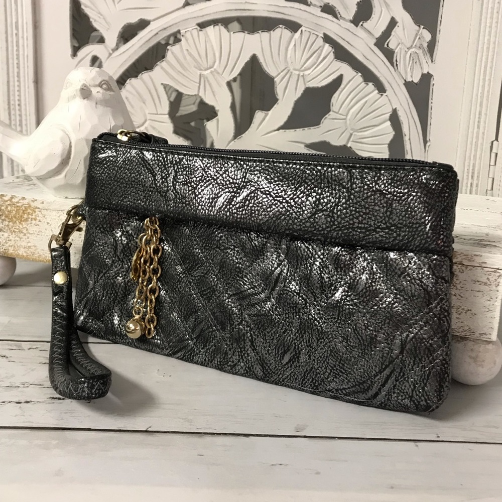Soft Faux Leather Black Wristlet Clutch, Gold Detailing, Small Purse Wristlet